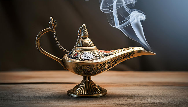 Magical mysterious aladdin lamp on dark background